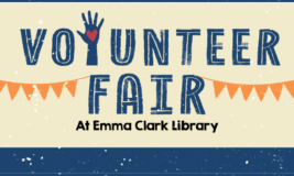 Text says "Volunteer Fair at Emma Clark Library" with the L being a raised hand with a heart.