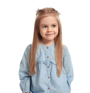 Girl wearing solid blue shirt