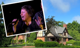 Photo of historic library with large green lawn. Overlay photo of woman singing. Text at the top says "Concert on the lawn."