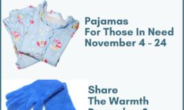 Text at top says "Drives for Charity." Photo of pajamas and winter gloves.