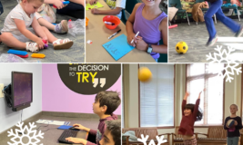 Collage of children doing various activities at the library with snowflakes