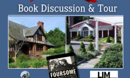 Side-by-side photos of library and museum with book titled "Foursome" on top. Text says "At the Museum Book Discussion and Tour"