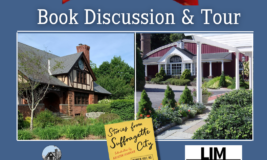 Side-by-side photos of library and museum with book titled "Stories from Suffragette City" on top. Text says "At the Museum Book Discussion and Tour"