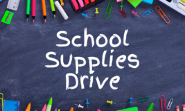 Colorful school supplies with text that says "School Supplies Drive"