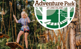 Girl on a ropes course in the woods. Logo for The Adventure Park of Long Island.