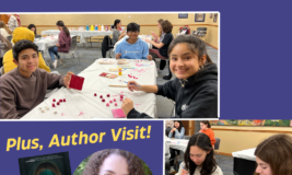 Photos of teens doing crafts. Text says "Teen Takeover, Plus Author Visit!" Circle with author headshot and book jacket