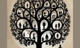 Graphic of a tree with people in it, reminiscent of a family tree. Adult and child silhouette standing underneath.