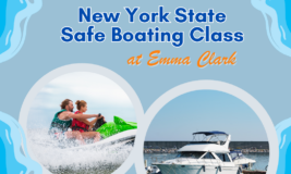 Photos of boats and people on jet skis. Text says "New York State Safe Boating Class."