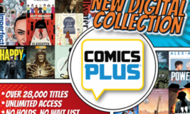 Text says "New Digital Collection. Comics Plus. Over 28,000 titles, unlimited access, no holds and no wait lists. Comic book covers in background.